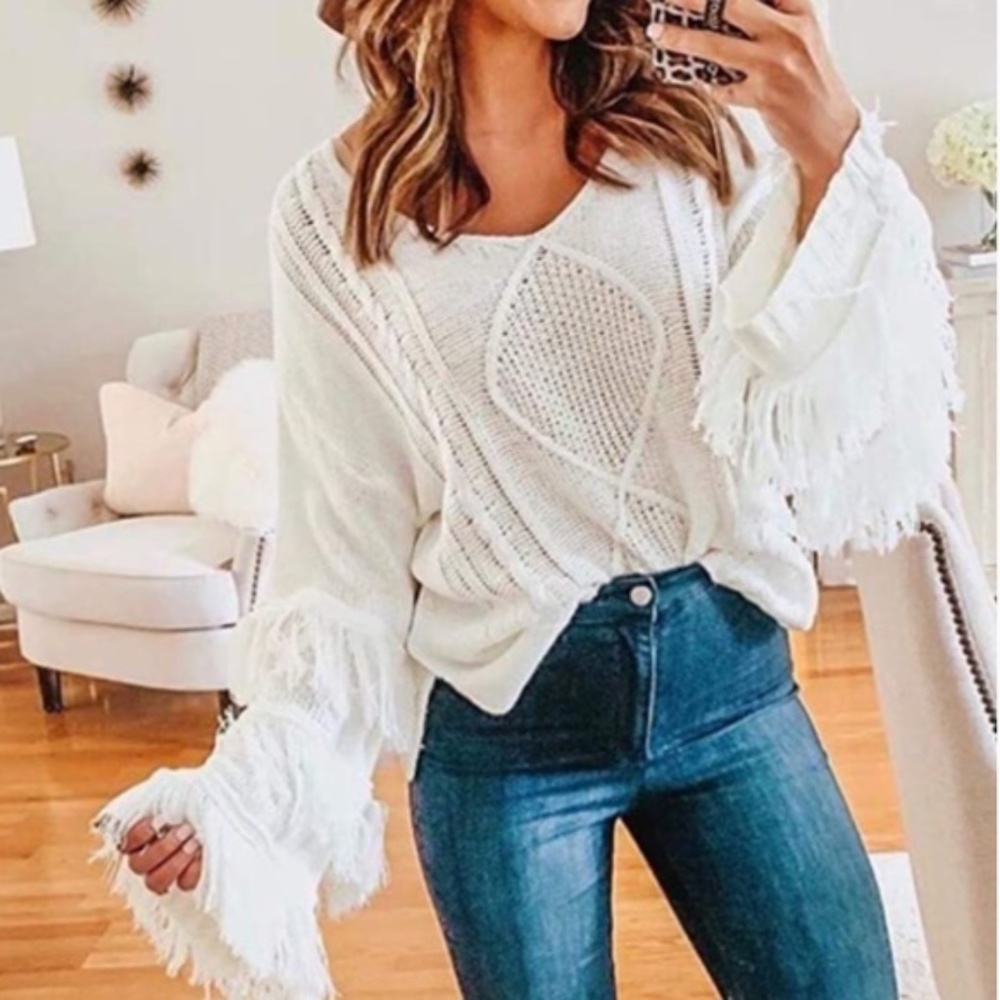 Cozy Cream V neck fringe oversized Sweater Top - Picture 1 of 4